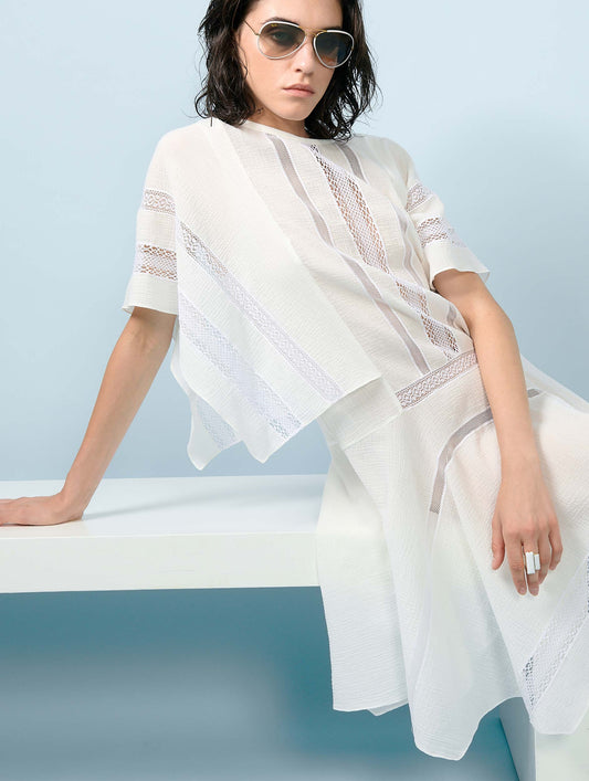 White crepon dress with lace inlays