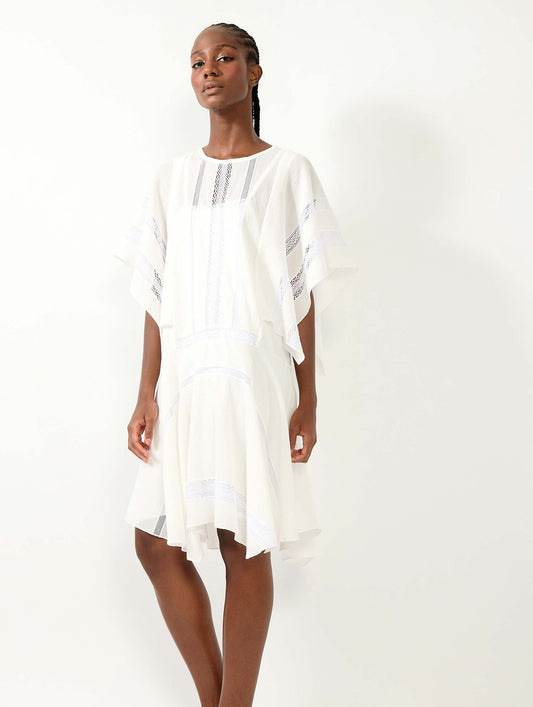 White crepon dress with lace inlays