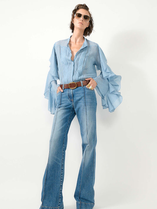 Chemise en soie plumetis bleu ciel