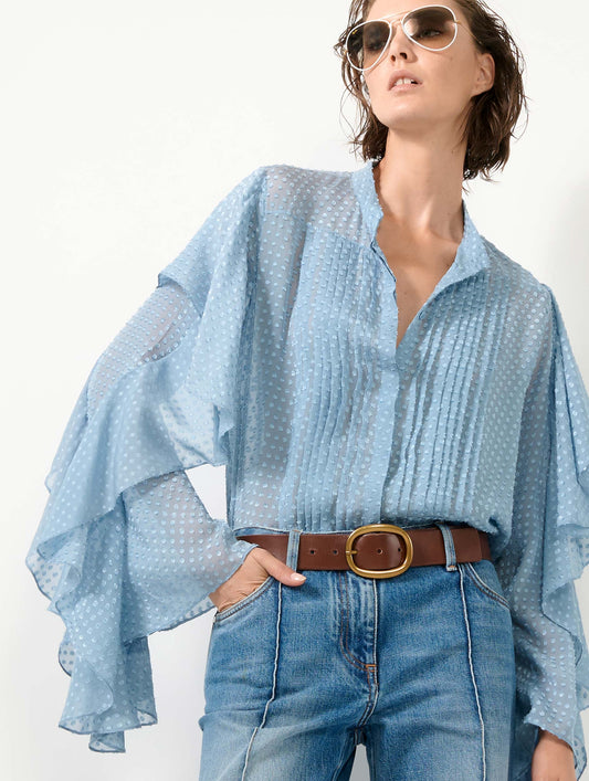 Chemise en soie plumetis bleu ciel