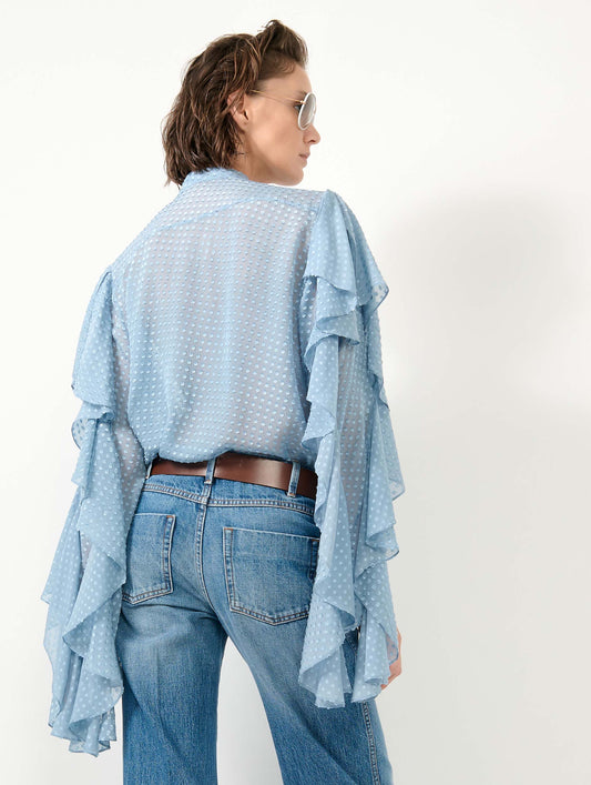 Chemise en soie plumetis bleu ciel