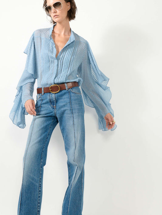 Chemise en soie plumetis bleu ciel