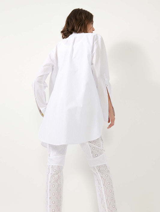 White textured cotton long shirt with grey stripes