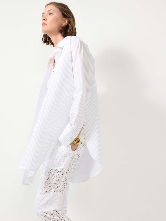 White textured cotton long shirt with grey stripes