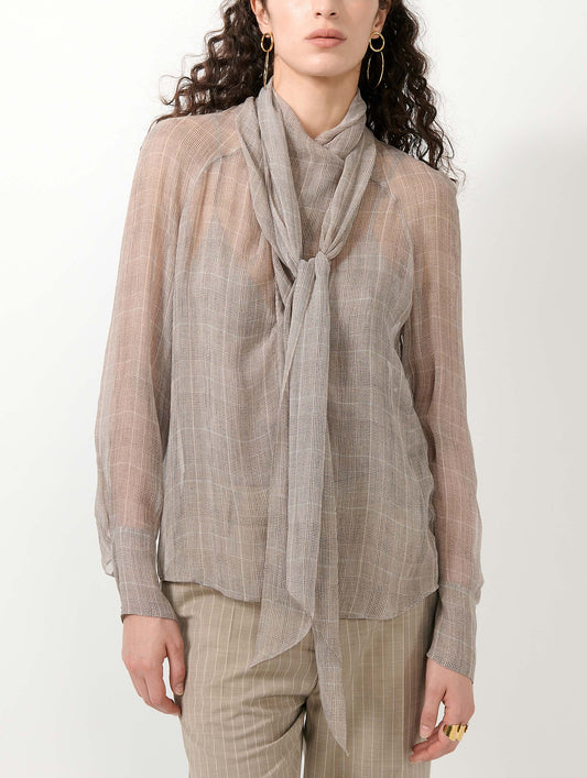 Sand Prince of Wales check silk georgette blouse