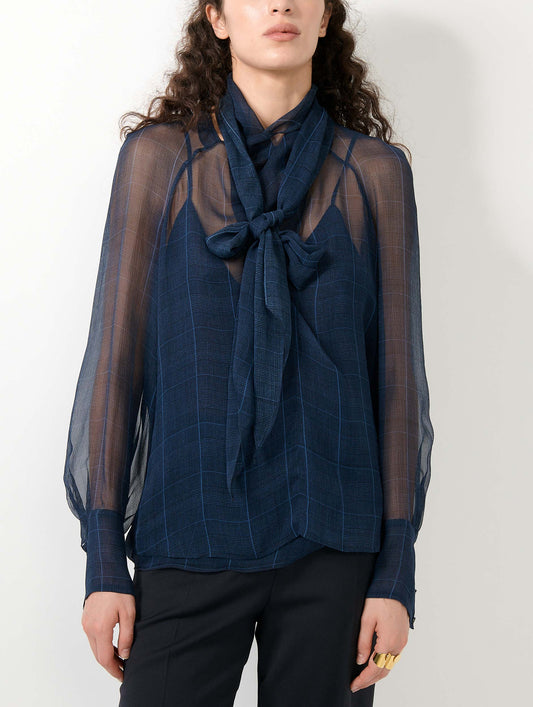 Blouse en georgette de soie Prince de Galles navy