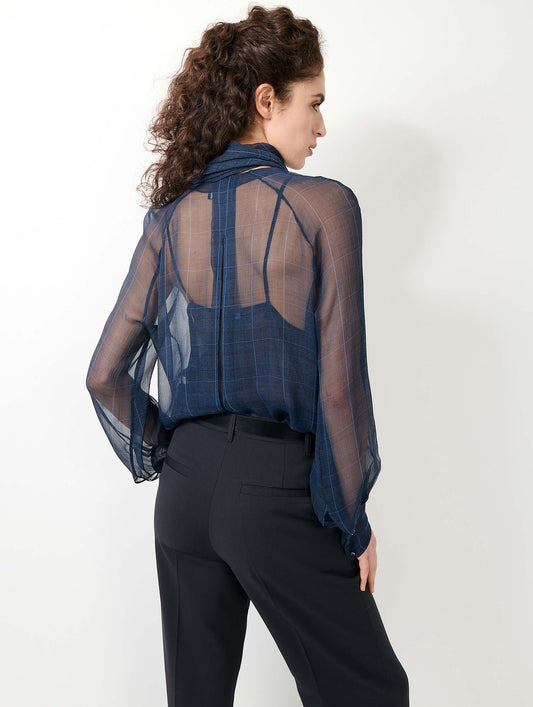 Blouse en georgette de soie Prince de Galles navy