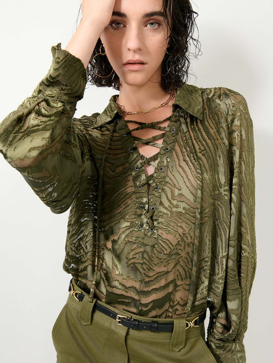 Khaki devoré satin blouse