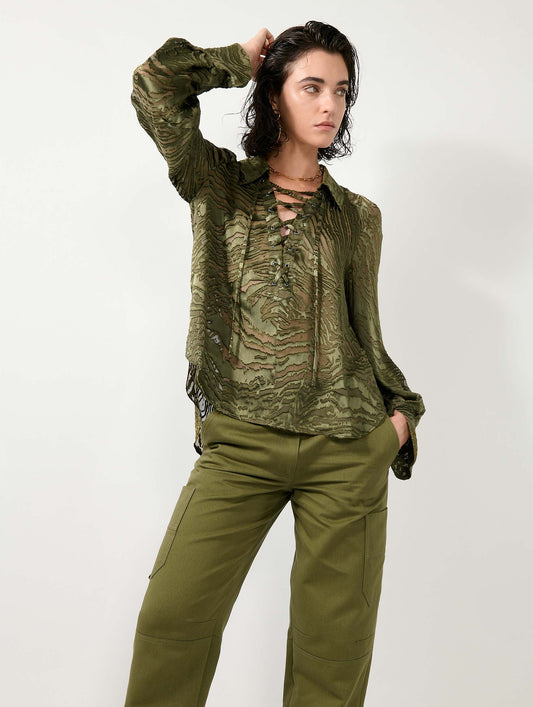 Khaki devoré satin blouse