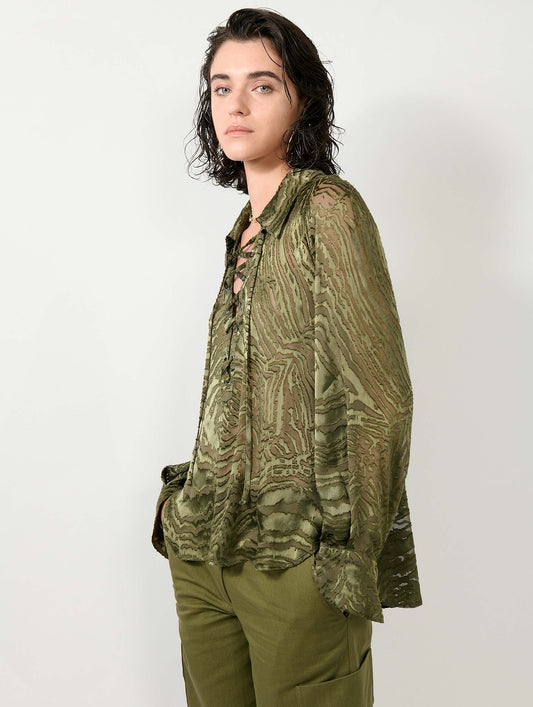 Khaki devoré satin blouse