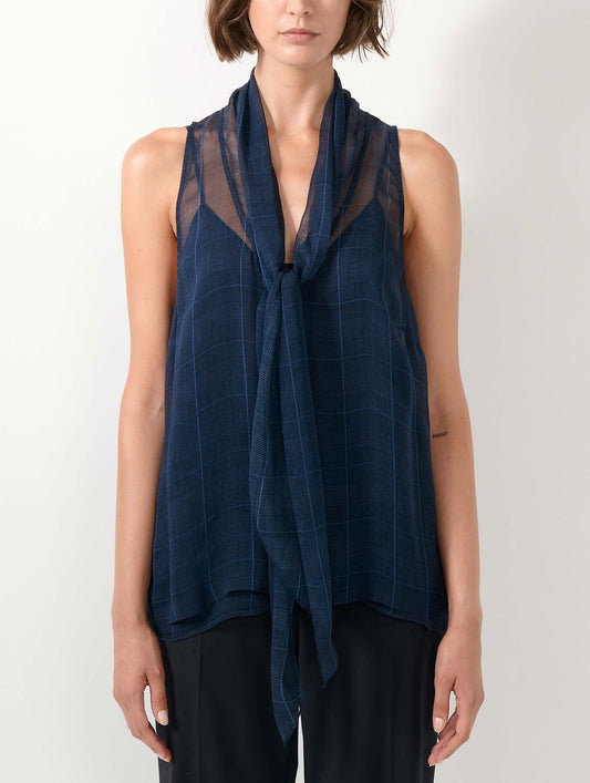 Top en georgette de soie Prince de Galles navy