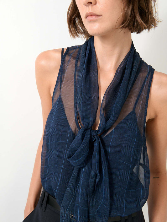 Top en georgette de soie Prince de Galles navy