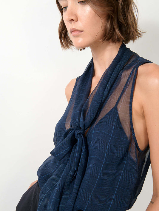Top en georgette de soie Prince de Galles navy