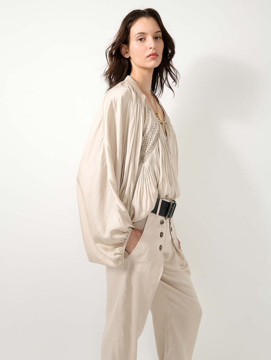 Champagne Angel Skin draped smocked top