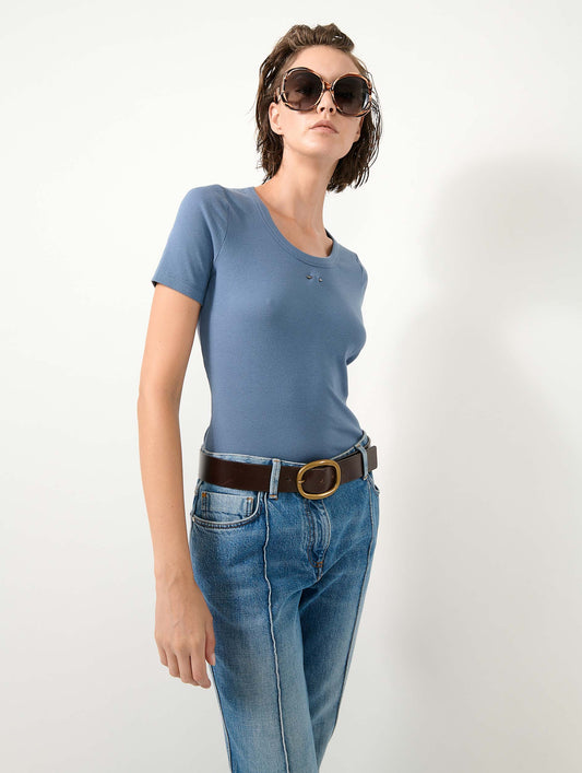 Denim blue ribbed jersey t-shirt