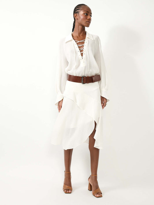 White asymmetrical crepon skirt
