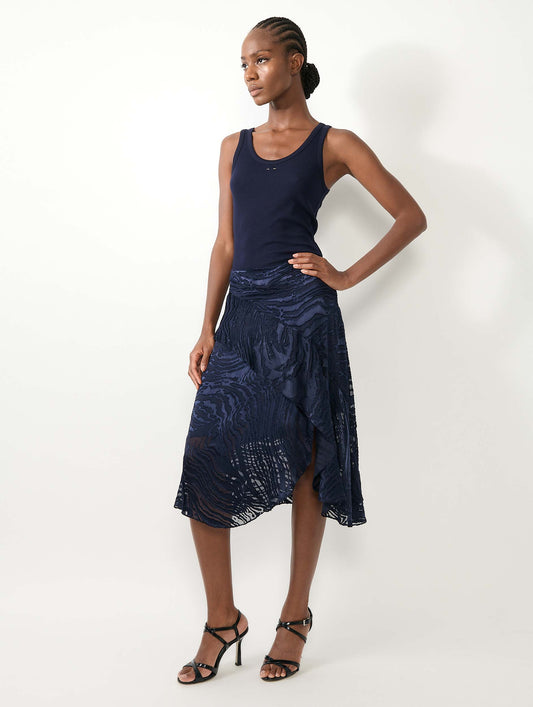 Jupe asymétrique en satin dévoré navy