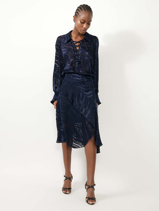 Jupe asymétrique en satin dévoré navy