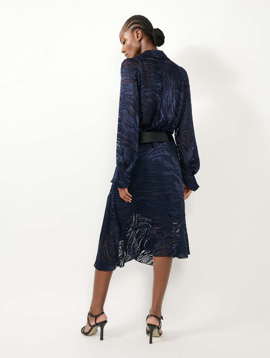 Jupe asymétrique en satin dévoré navy