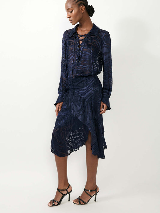 Jupe asymétrique en satin dévoré navy