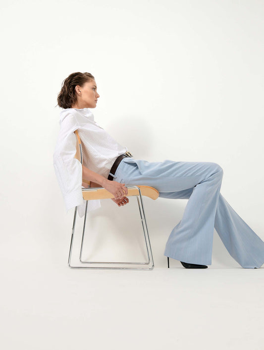 Sky blue herringbone crepe bootcut trousers