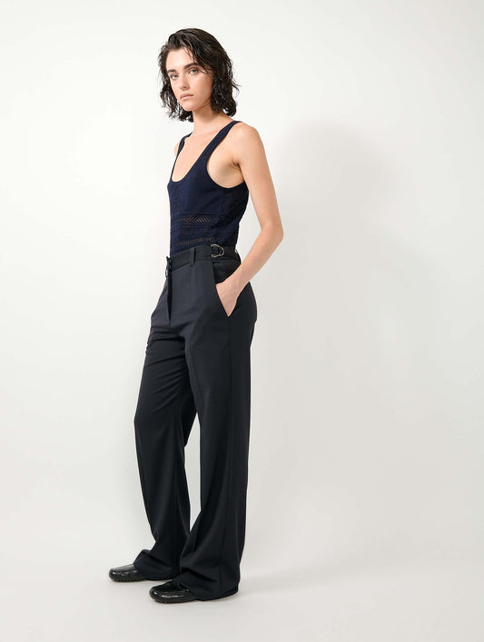 Pantalon taille basse en gabardine de laine navy