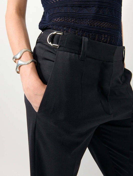 Pantalon taille basse en gabardine de laine navy