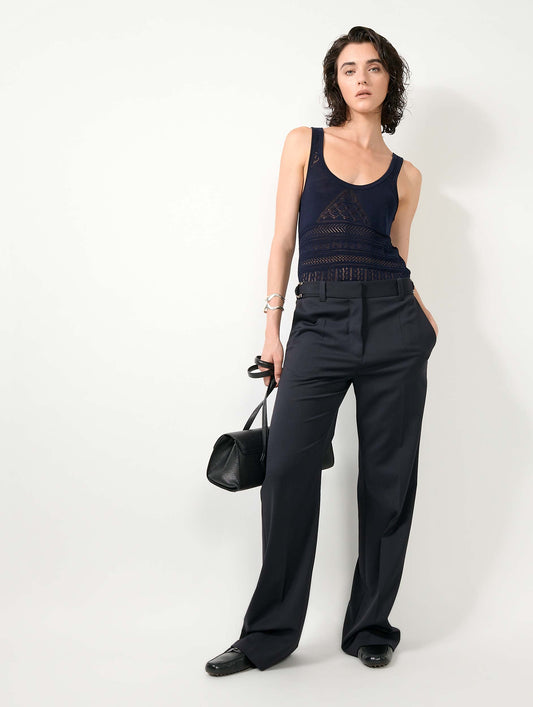 Pantalon taille basse en gabardine de laine navy