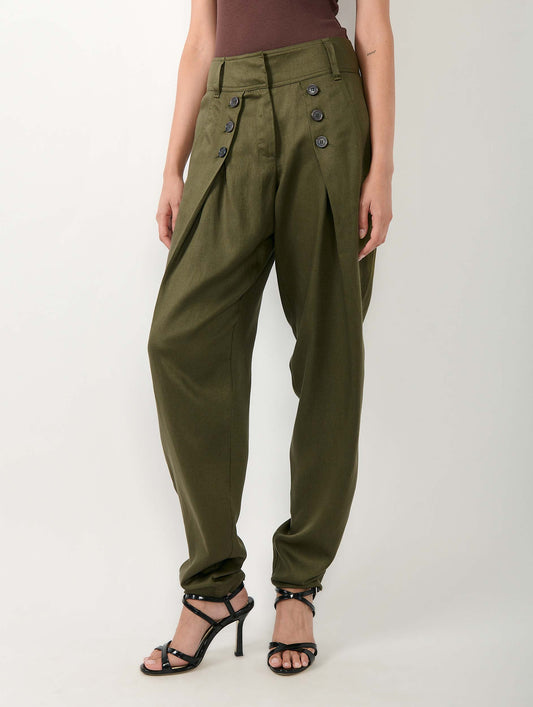 Khaki viscose and linen satin buttoned trousers