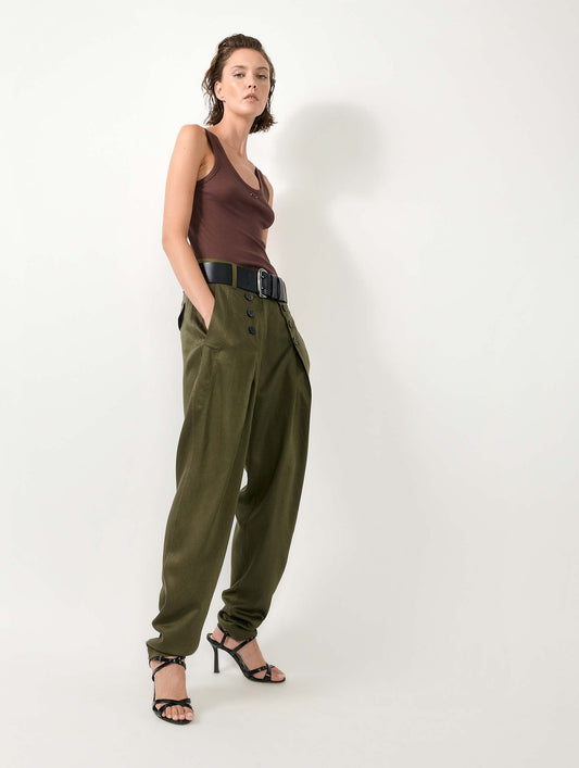 Khaki viscose and linen satin buttoned trousers