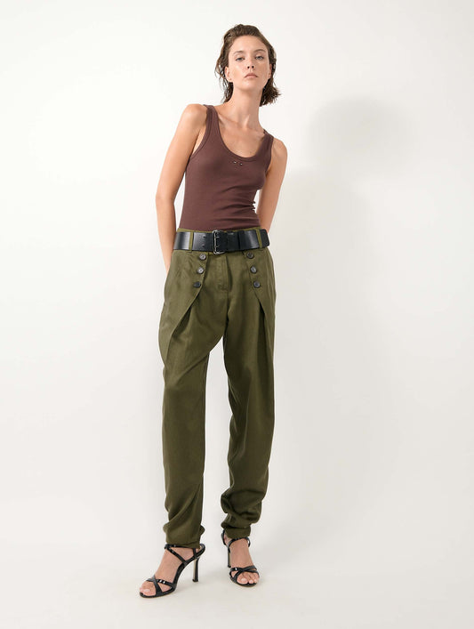 Khaki viscose and linen satin buttoned trousers