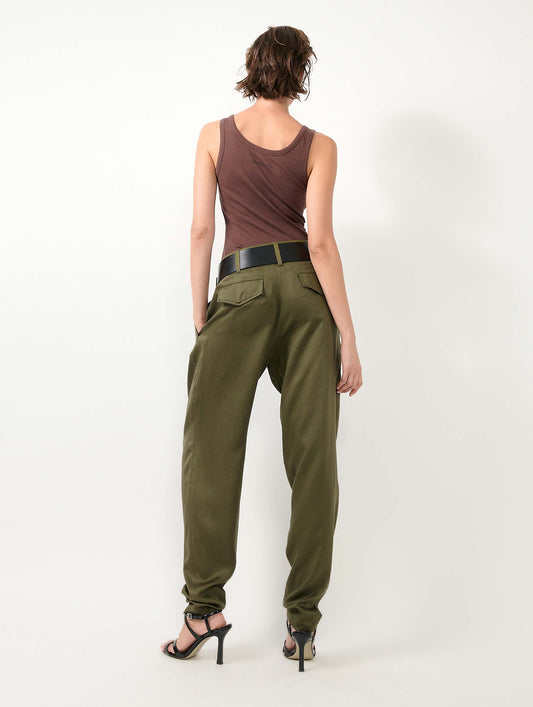 Khaki viscose and linen satin buttoned trousers
