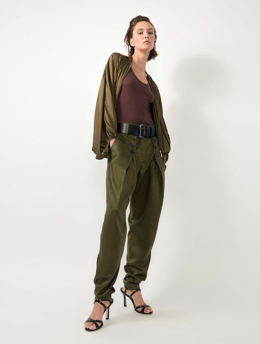 Khaki viscose and linen satin buttoned trousers
