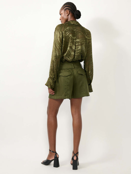 Khaki viscose and linen satin shorts