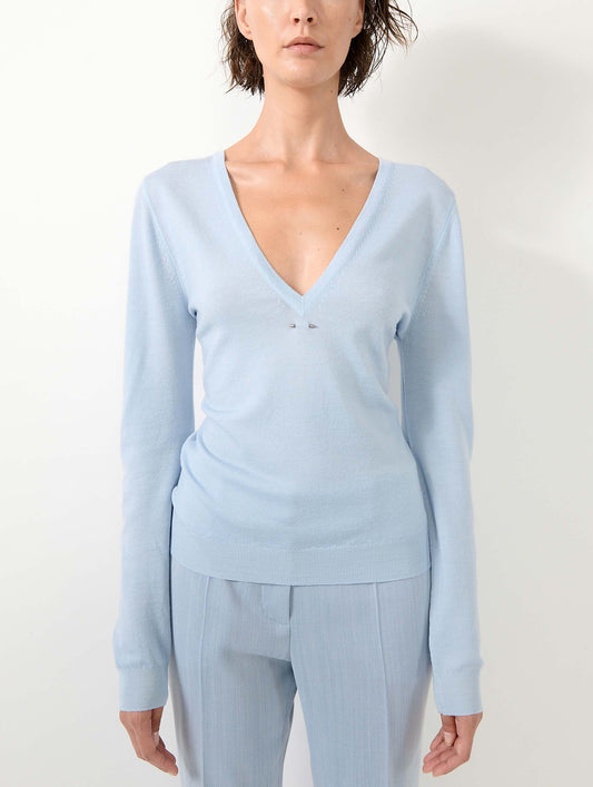 Pull col V en maille mérinos extrafine bleu ciel