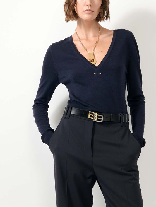 Pull col V en maille mérinos extrafine navy