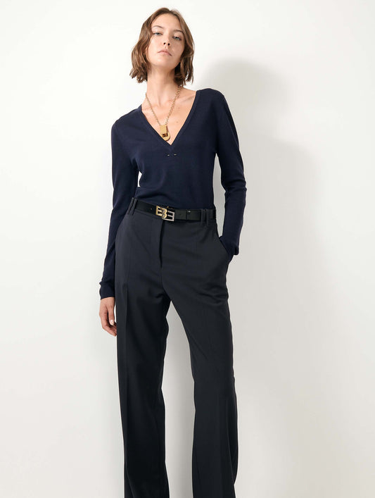 Pull col V en maille mérinos extrafine navy