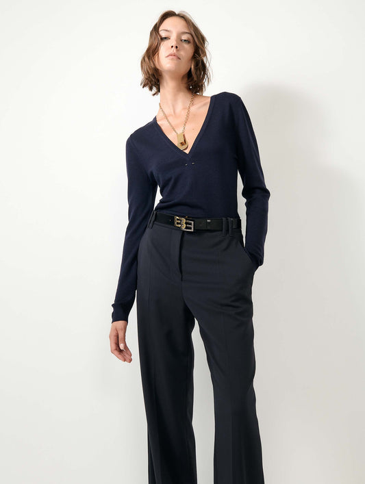 Pull col V en maille mérinos extrafine navy