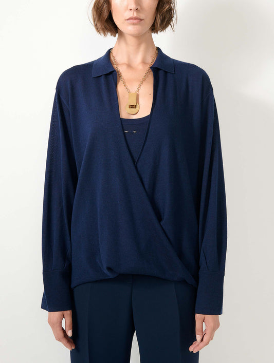 Pull cache-cœur en laine et soie extrafine navy