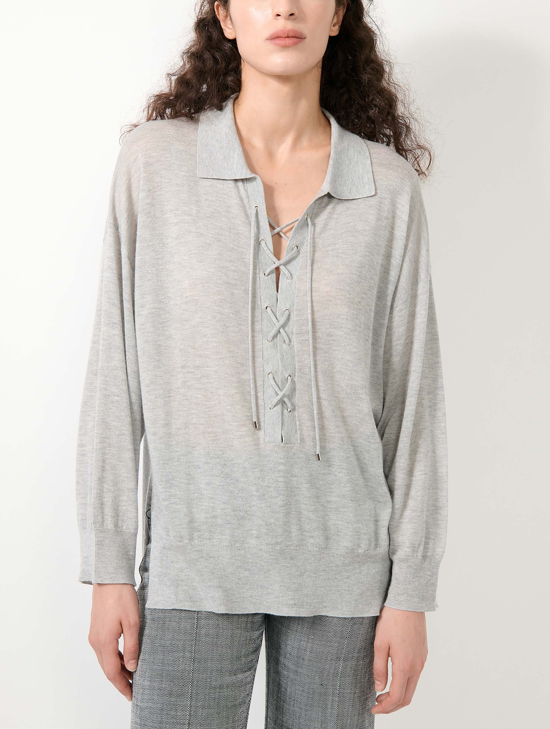 Women Ready-to-Wear | Grey lace-up sweater in tencel and cashmere