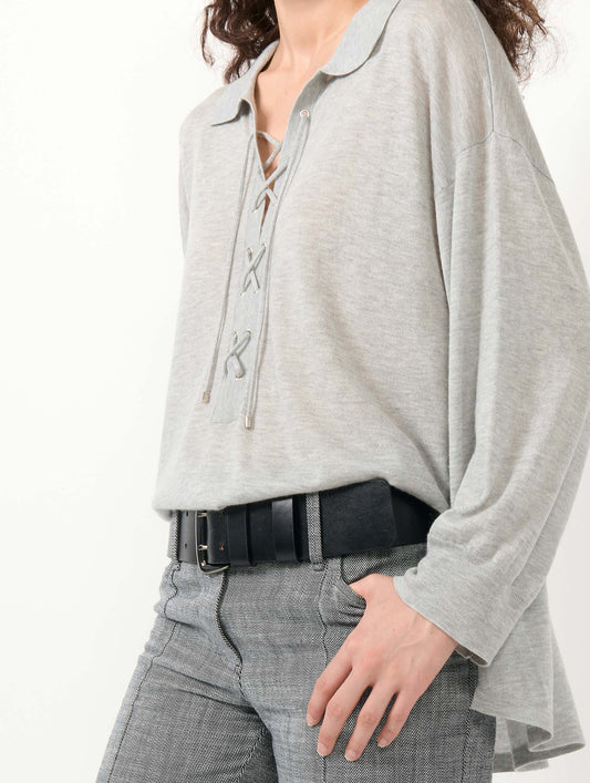 Pull à encolure lacée en tencel et cachemire gris