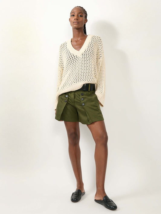 Pull col V en maille crochetée sable