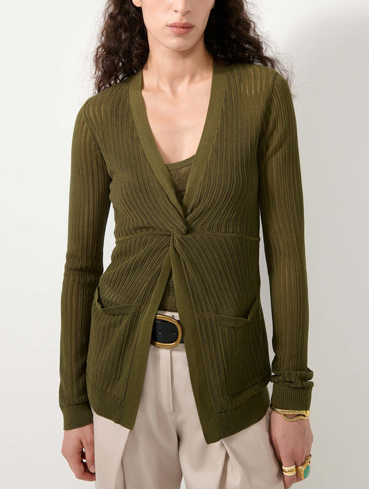Khaki tie-front open-knit sweater