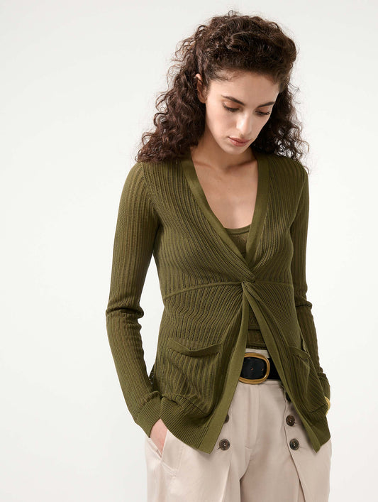 Khaki tie-front open-knit sweater