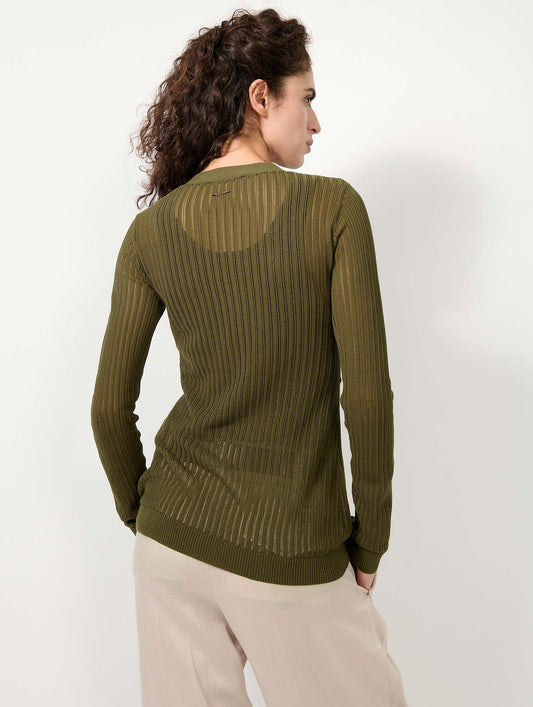 Khaki tie-front open-knit sweater