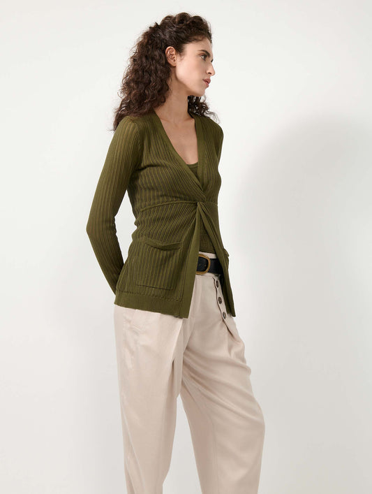 Khaki tie-front open-knit sweater