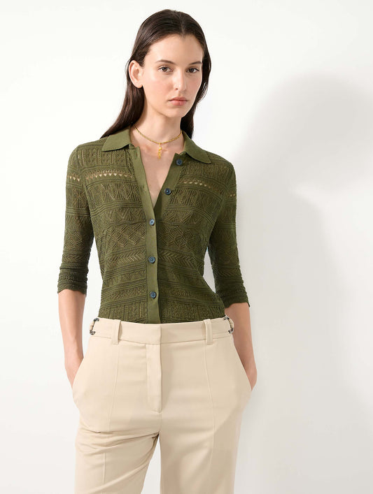 Khaki open-knit knit cardigan
