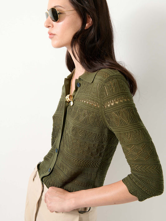 Khaki open-knit knit cardigan