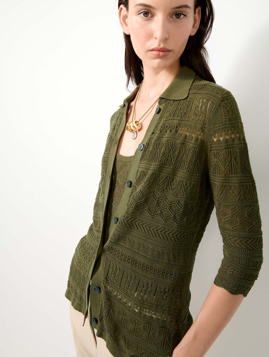 Khaki open-knit knit cardigan