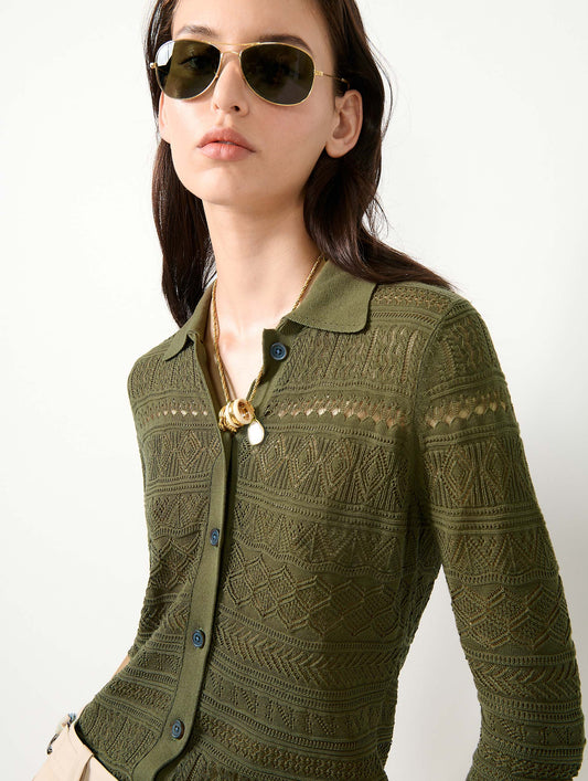 Khaki open-knit knit cardigan